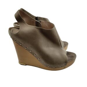 Jean-Michel Cazabat Platform Wedge Heels Size 40 9 Taupe Tan Leather Wood Studs